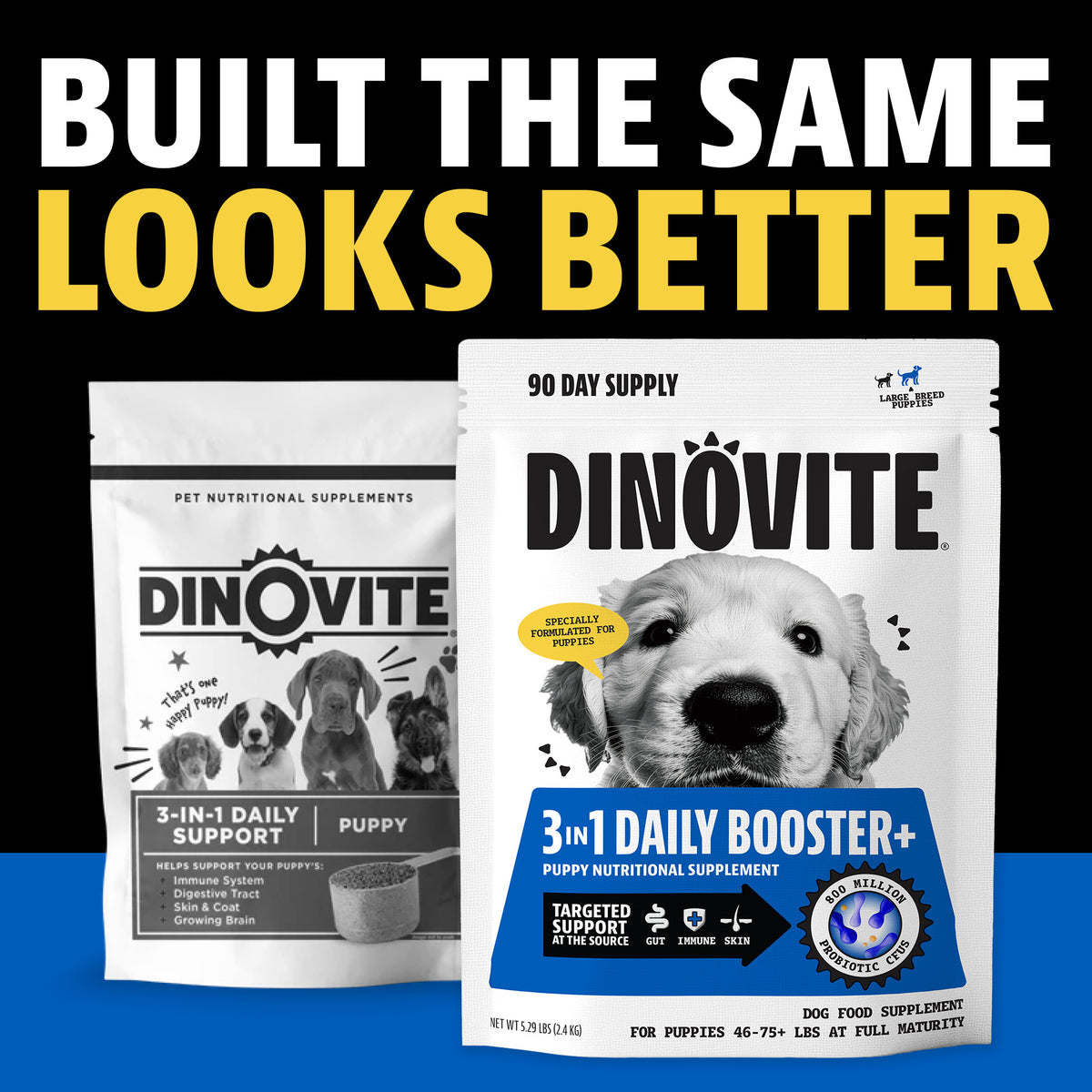 Built the same, looks better: the previous Dinovite puppy bag next to the new Dinovite 3-in-1 Daily Booster+ puppy 90-day supply bag for puppies 46 to 75+ lbs at full maturity