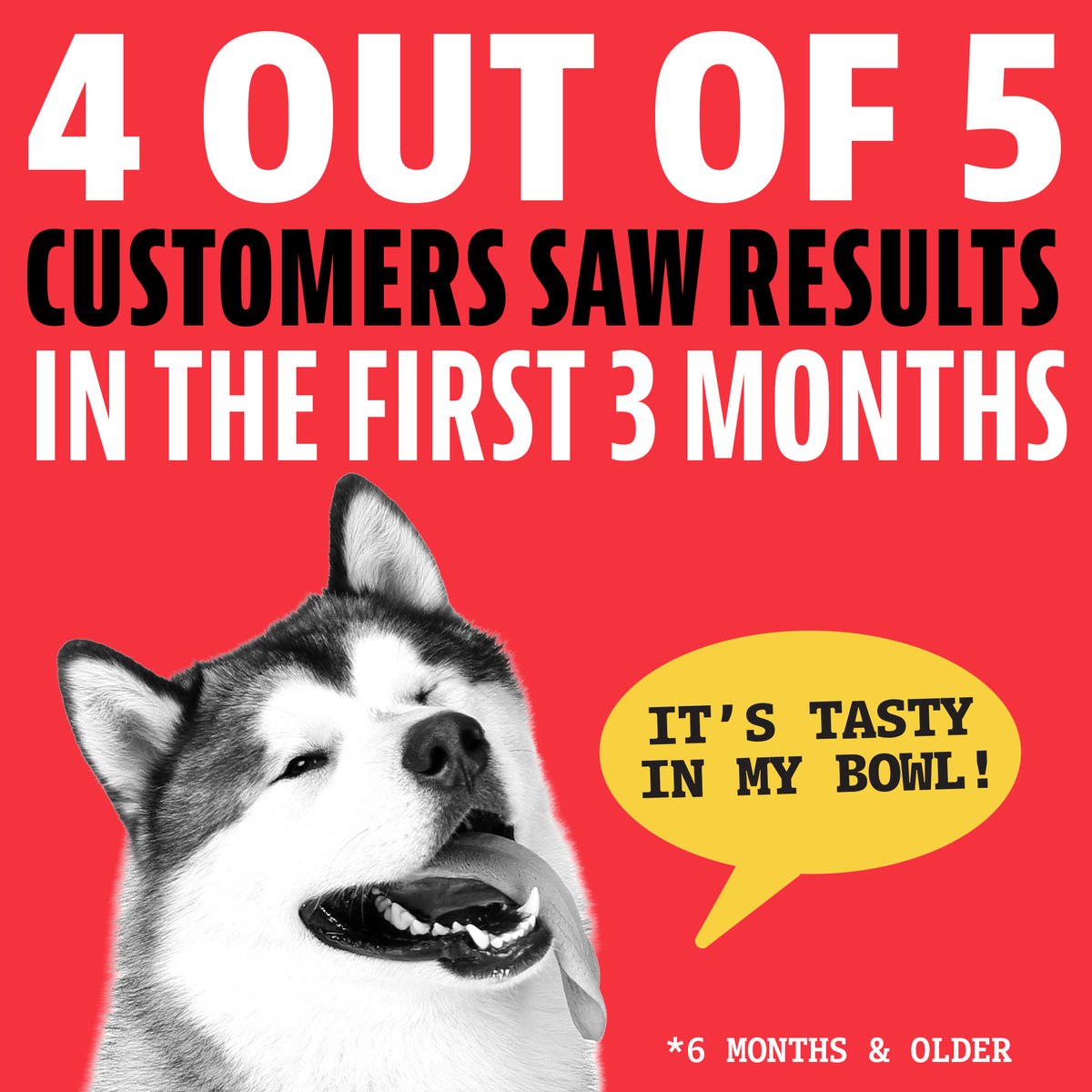 4 out of 5 customers saw results in the first 3 months. A husky with its tongue out and a speech bubble saying "It's tasty in my bowl!" For dogs 6 months and older
