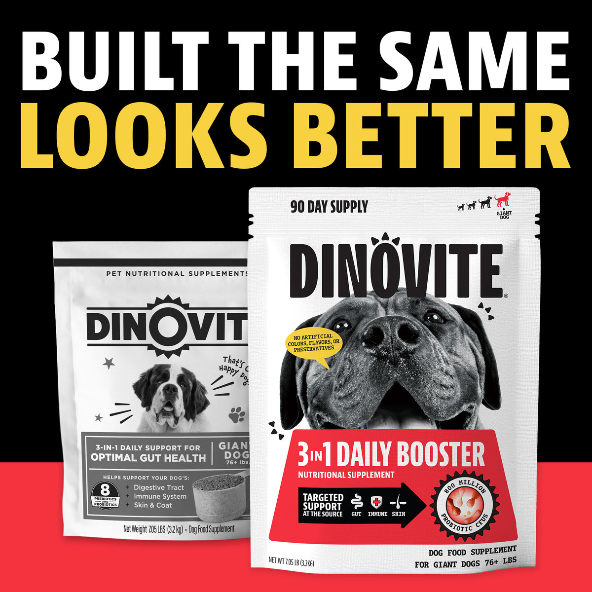 Built the same, looks better: the previous Dinovite bag next to the new Dinovite 3-in-1 Daily Booster 90-day supply bag for giant dogs 76 lbs and up
