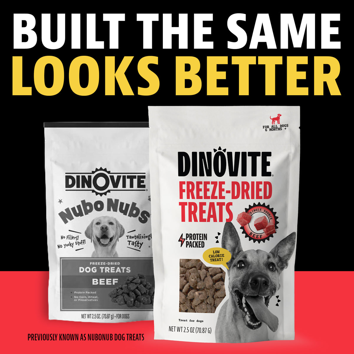 Built the same, looks better: Nubo Nubs Freeze-Dried Beef Dog Treats next to the new Dinovite Freeze-Dried Treats bag. Previously known as Nubo Nubs dog treats