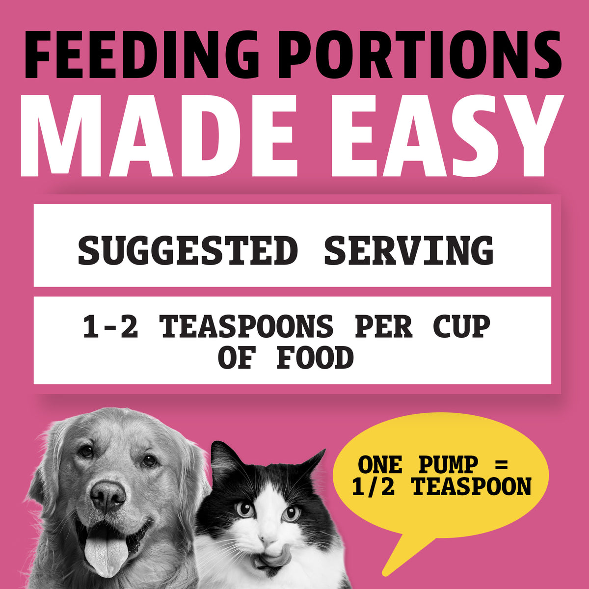 Feeding portions made easy. Suggested serving: 1 to 2 teaspoons per cup of food. One pump equals 1/2 teaspoon. A dog and a cat pictured below