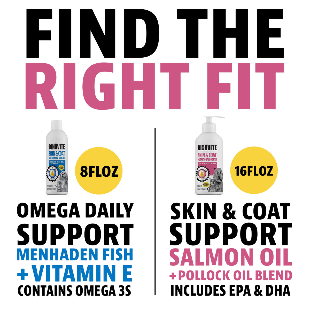 Find the right fit. 8 fl oz Omega Daily Support: menhaden fish oil plus vitamin E, contains omega 3s. 16 fl oz Skin & Coat Support: salmon oil plus pollock oil blend, includes EPA and DHA