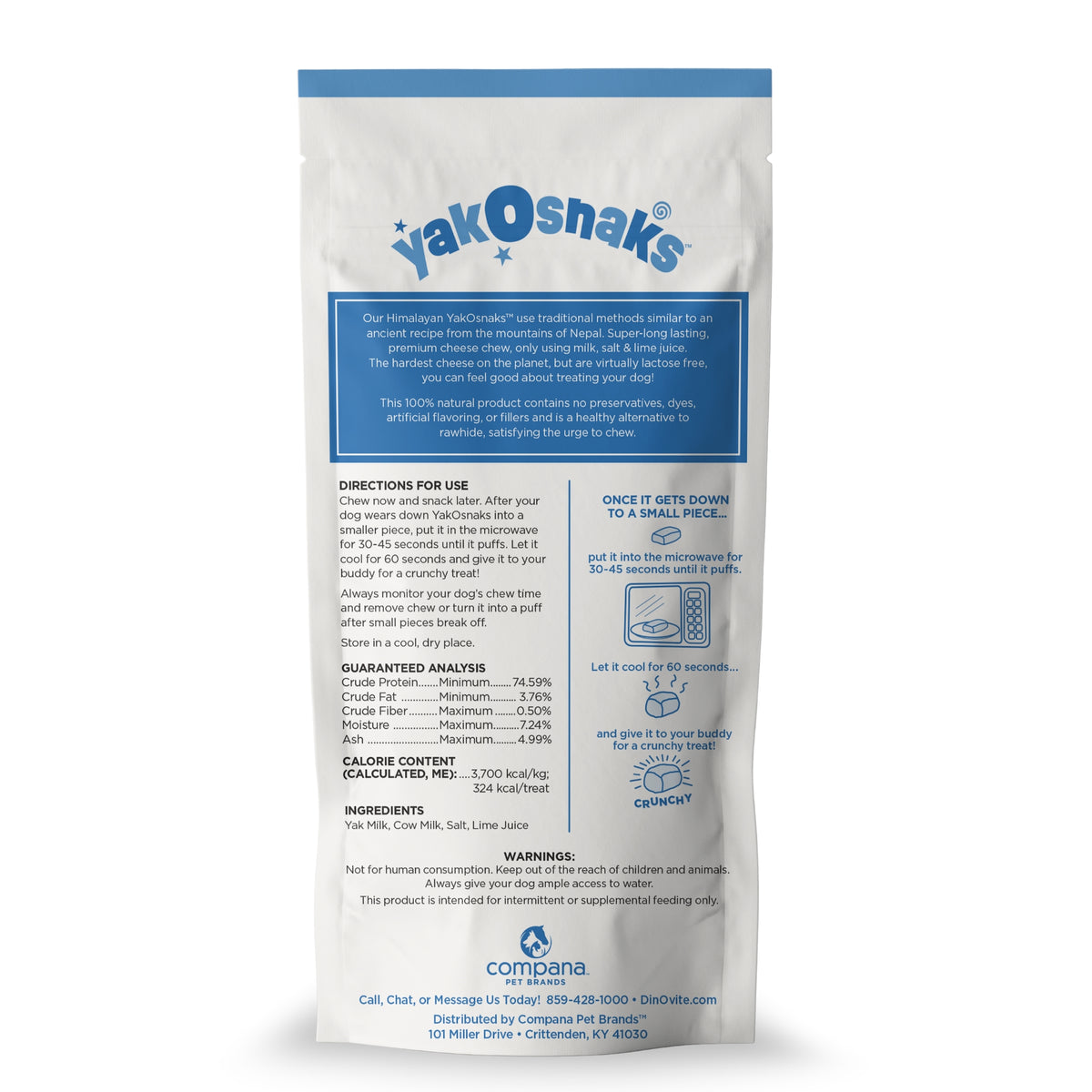 A bag of Yak & Snaks Canine Health Support supplement powder, featuring a white pouch with blue text and a blue usage panel, shown against a plain white background.