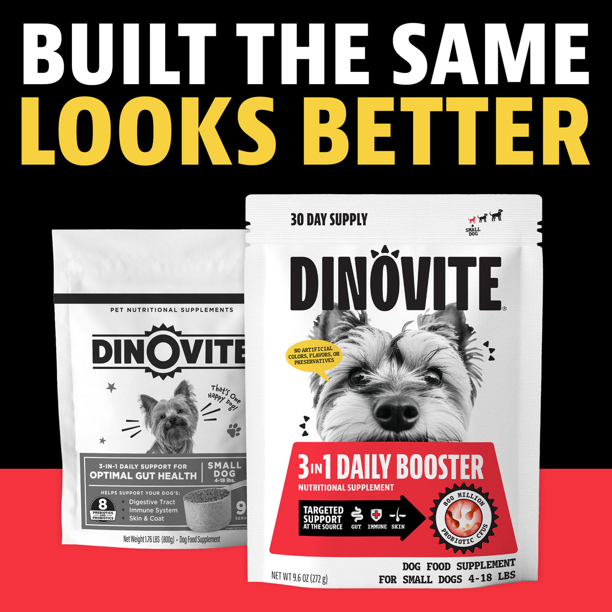 Built the same, looks better: the previous Dinovite bag next to the new Dinovite 3-in-1 Daily Booster 30-day supply bag for small dogs 4 to 18 lbs