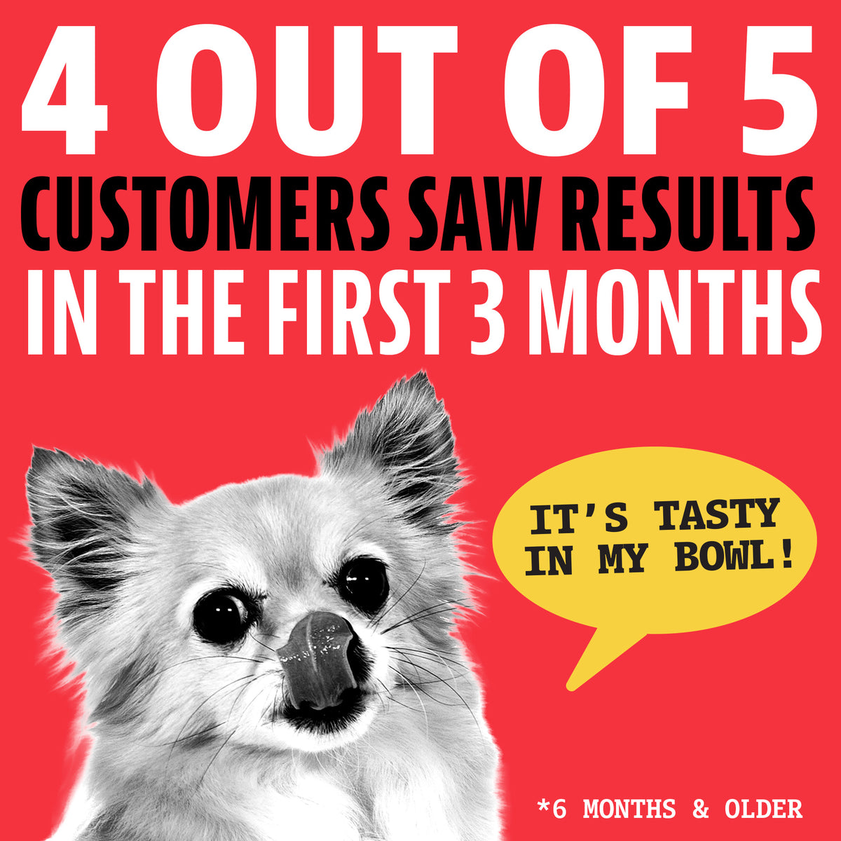 4 out of 5 customers saw results in the first 3 months. A small dog licking its nose with a speech bubble saying "It's tasty in my bowl!" For dogs 6 months and older