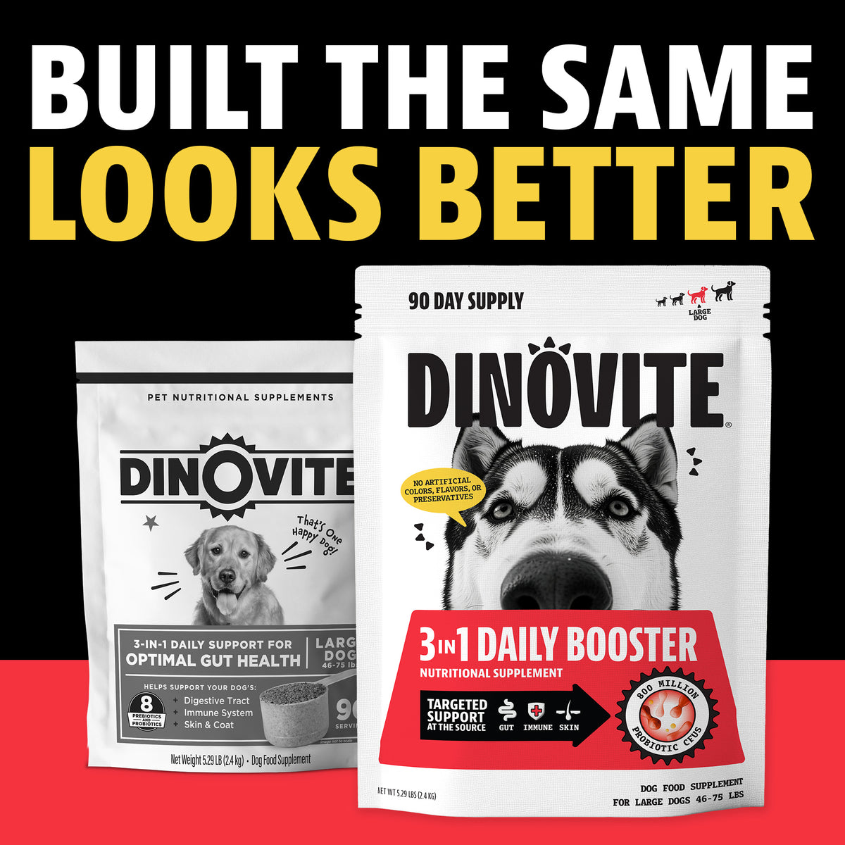 Built the same, looks better: the previous Dinovite bag next to the new Dinovite 3-in-1 Daily Booster 90-day supply bag for large dogs 46 to 75 lbs