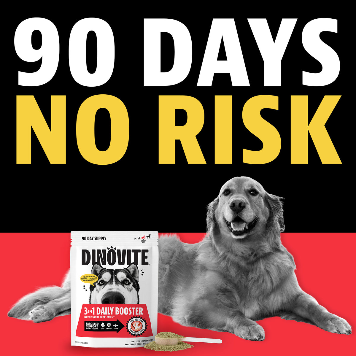 90 days, no risk. A golden retriever lying beside a Dinovite 3-in-1 Daily Booster 90-day supply bag for large dogs with a scoop of powder