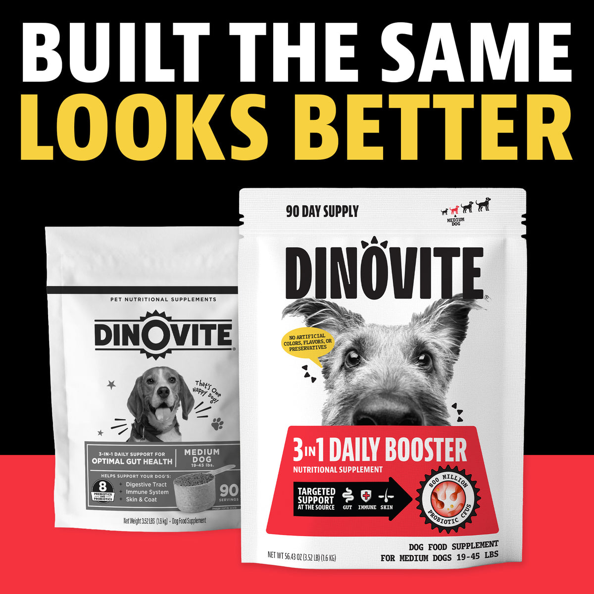 Built the same, looks better: the previous Dinovite bag next to the new Dinovite 3-in-1 Daily Booster 90-day supply bag for medium dogs 19 to 45 lbs
