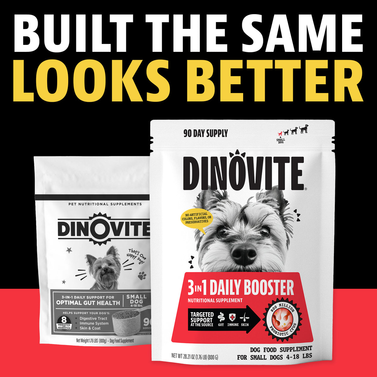 Built the same, looks better: the previous Dinovite bag next to the new Dinovite 3-in-1 Daily Booster 90-day supply bag for small dogs 4 to 18 lbs