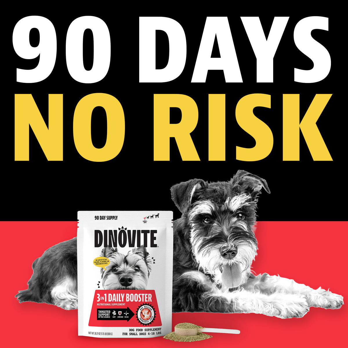 90 days, no risk. A schnauzer lying beside a Dinovite 3-in-1 Daily Booster 90-day supply bag for small dogs with a scoop of powder