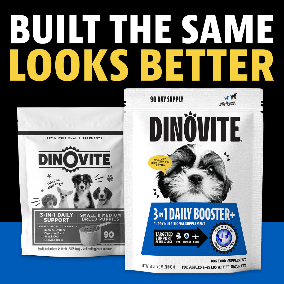 Built the same, looks better: the previous Dinovite small and medium breed puppy bag next to the new Dinovite 3-in-1 Daily Booster+ puppy 90-day supply bag for puppies 4 to 45 lbs at full maturity