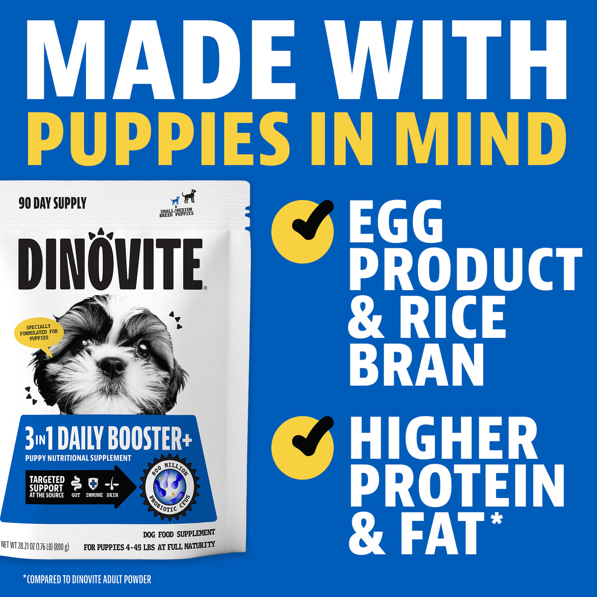 Made with puppies in mind: egg product and rice bran; higher protein and fat compared to Dinovite adult powder. Dinovite 3-in-1 Daily Booster+ puppy 90-day supply bag for puppies 4 to 45 lbs at full maturity