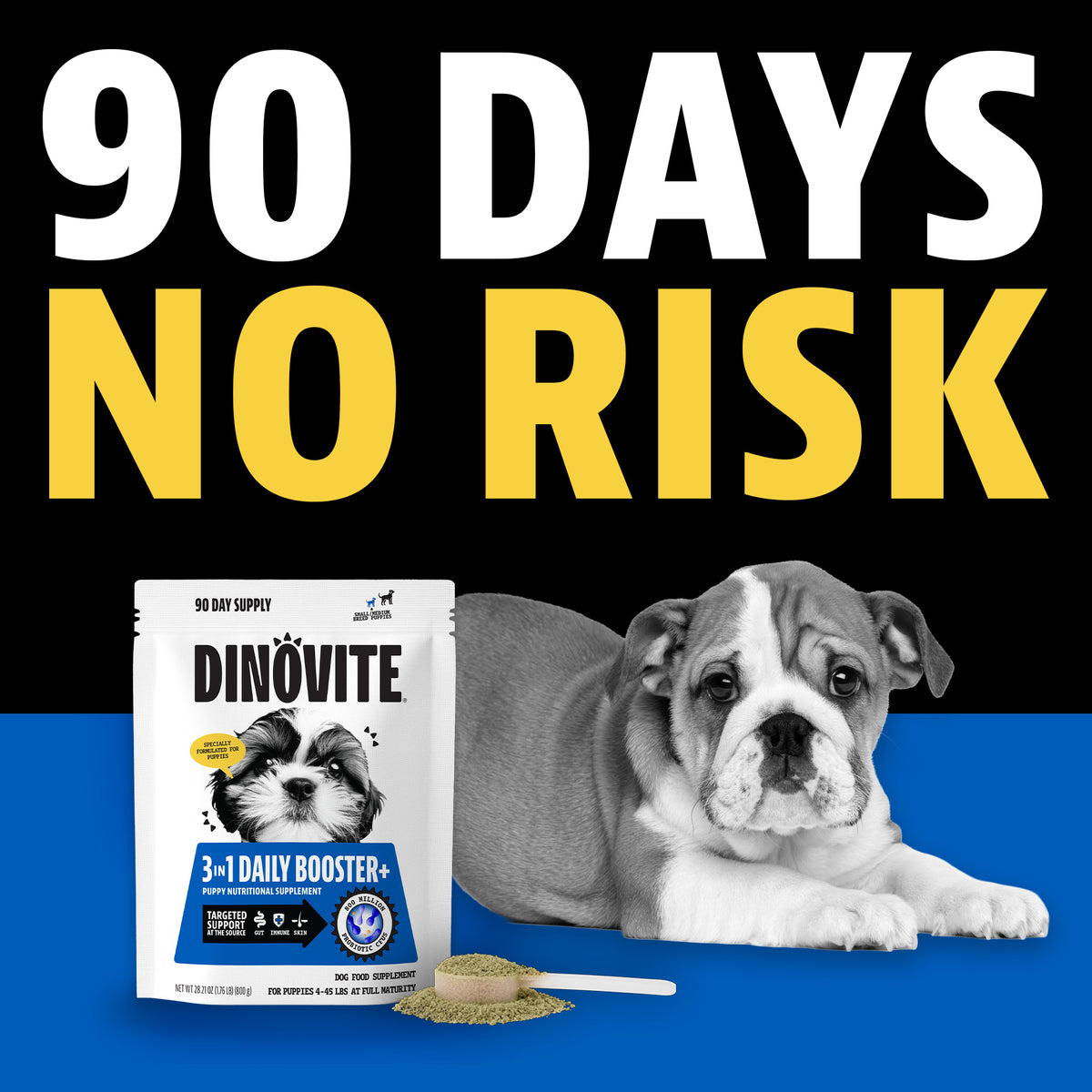 90 days, no risk. A bulldog puppy lying beside a Dinovite 3-in-1 Daily Booster+ puppy 90-day supply bag with a scoop of powder