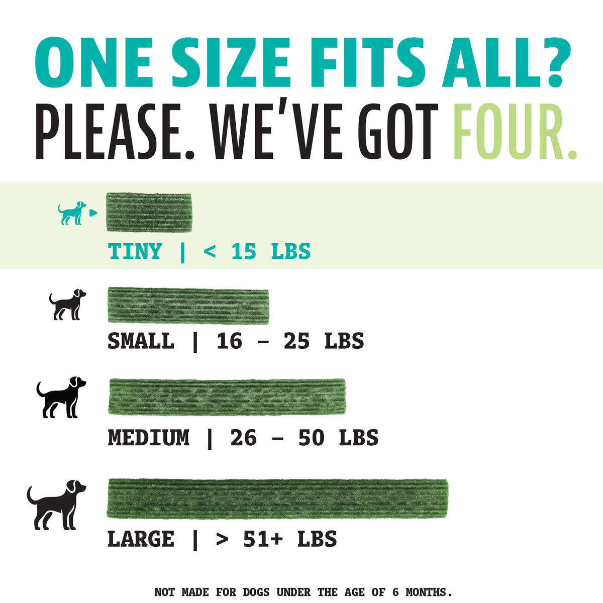 Dog size chart with categories for tiny, small, medium, and large dogs on a light green background.