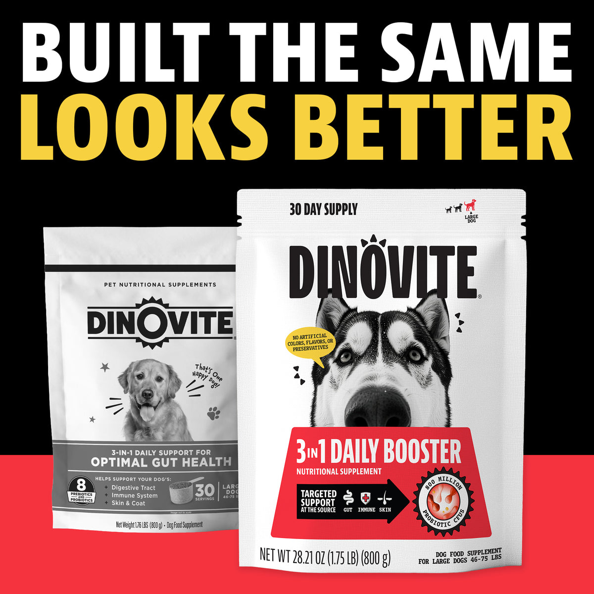 Built the same, looks better: the previous Dinovite bag next to the new Dinovite 3-in-1 Daily Booster 30-day supply bag for large dogs 46 to 75 lbs