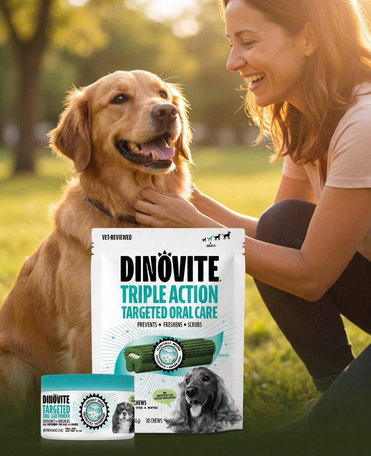 A golden retriever beside Dinovite Triple Action dental chews and oral care powder